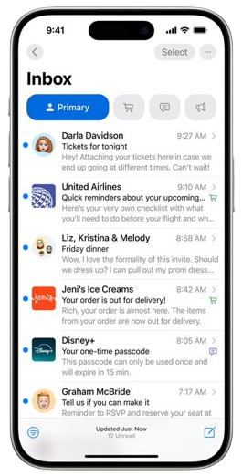 Com o iOS 18, a categorização no Mail ocorre inteiramente no iPhone, classificando automaticamente as mensagens em Principal, Promoções, Transações e Atualizações. Dessa forma, os usuários podem se concentrar facilmente nas mensagens mais importantes para si.